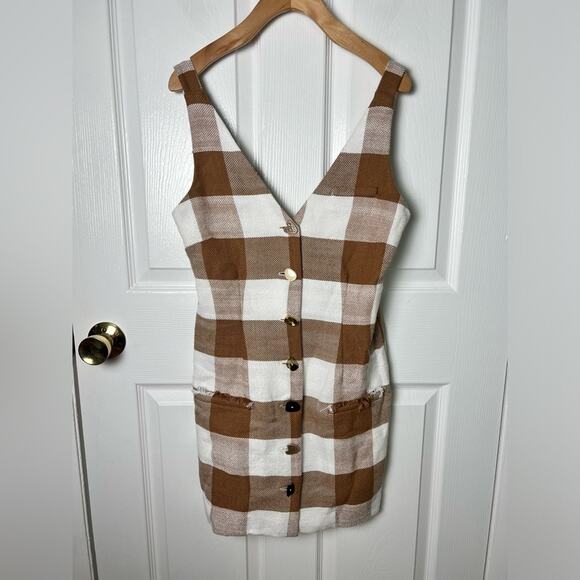 Staud Samuel Button Front Plaid Brown Mini Dress in Tobacco Gingham 0 - Picture 2 of 8